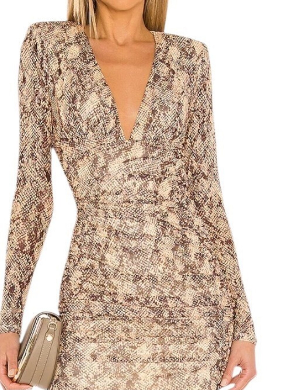 Michael Costello x Revolve Brown Snake-Print Long Sleeve V-Neck Dress Brown Tan